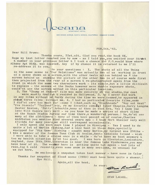 Stan Laurel Letter Signed With His Full Signature ''Stan Laurel'' -- ''...I liked Chaplin, Harry Langdon, Buster Keaton, 'Fatty' Arbuckle...''
